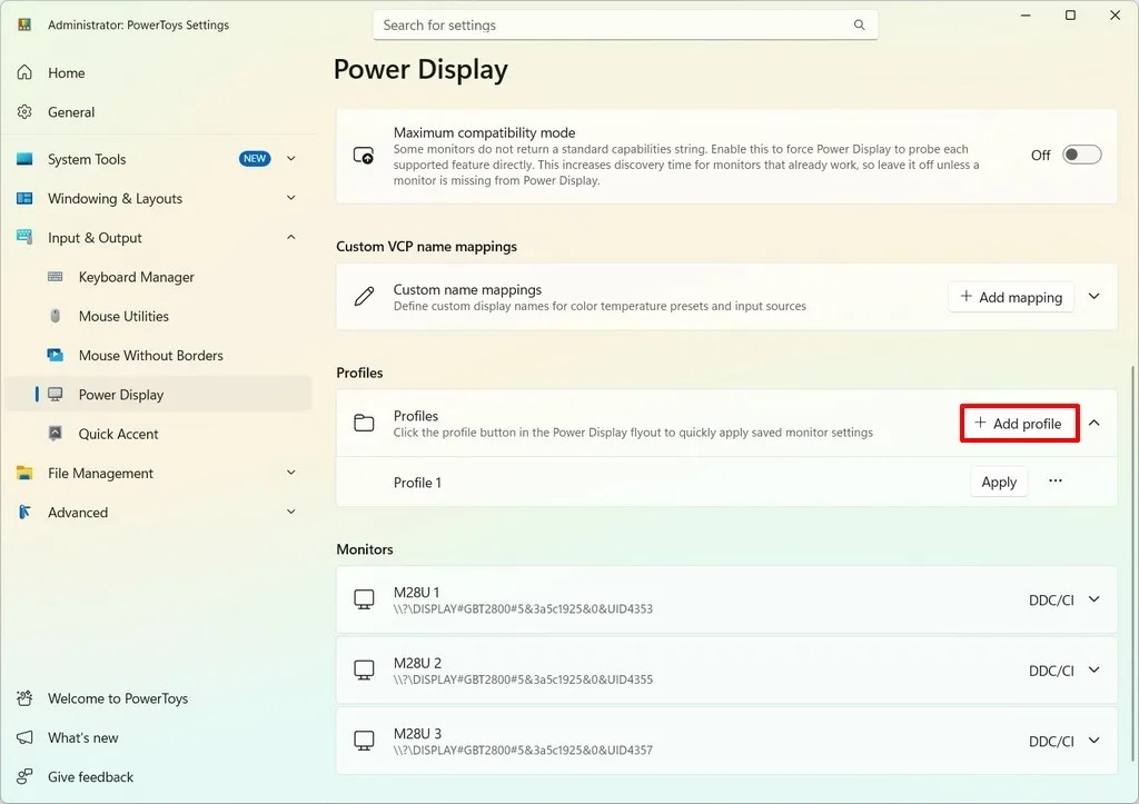 Power Display add profile option