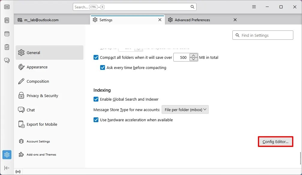 Thunderbird config editor option