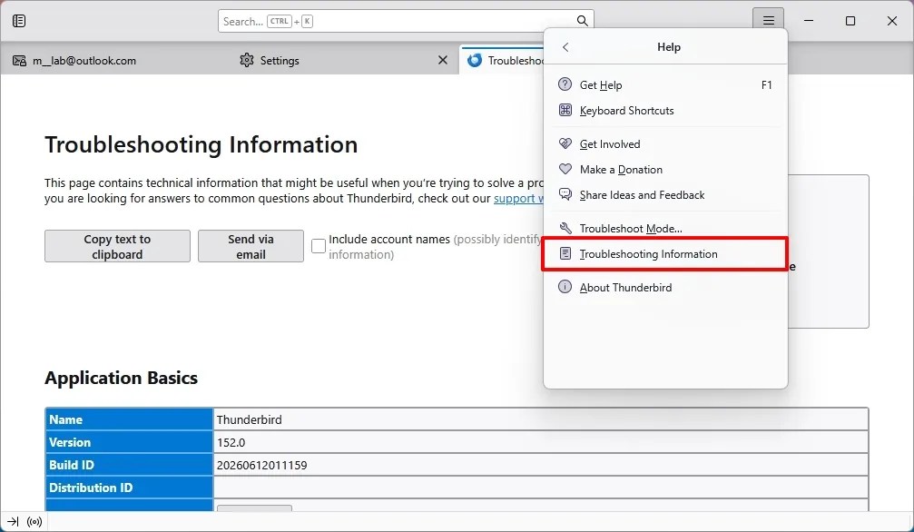 Thunderbird troubleshooting information