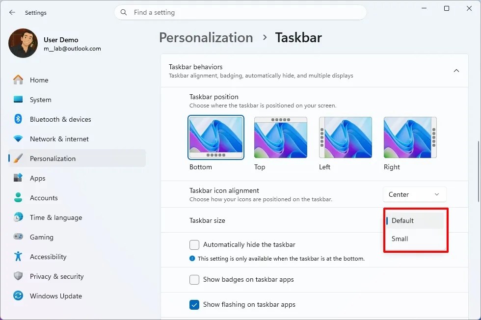 Taskbar size option