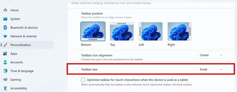 Taskbar size option