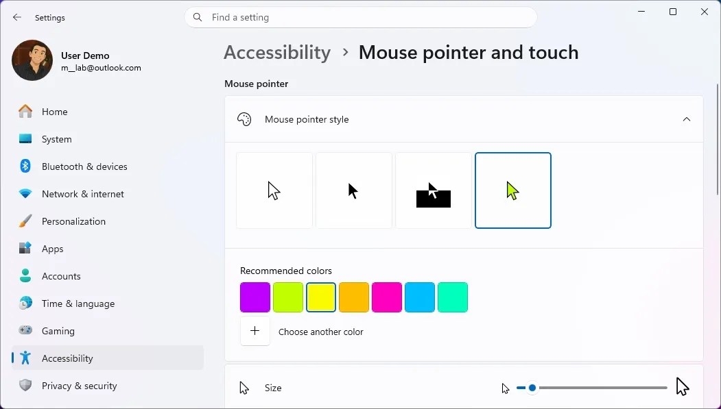 Mouse pointer color settings