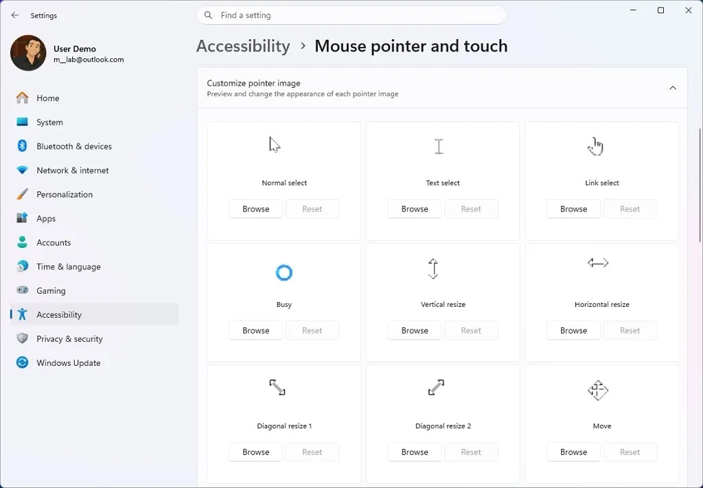 Mouse pointer image settings