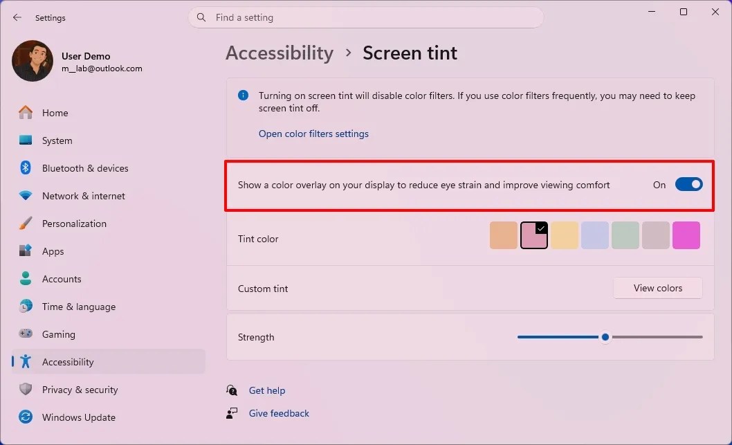 Enable Screen Tint on Windows 11