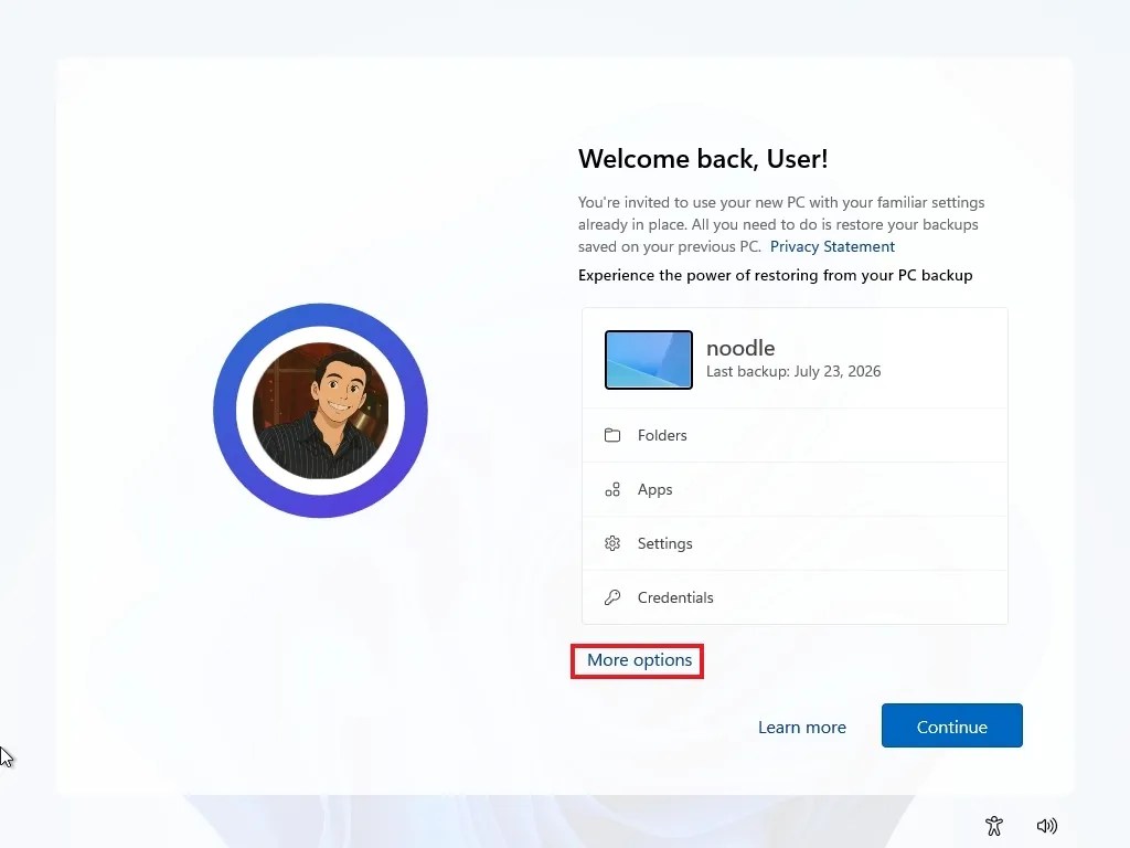 Windows 11 OOBE backup settings