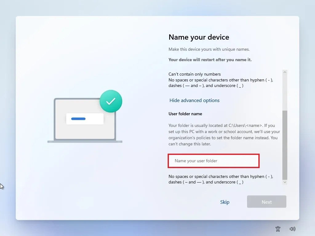 User folder name setting