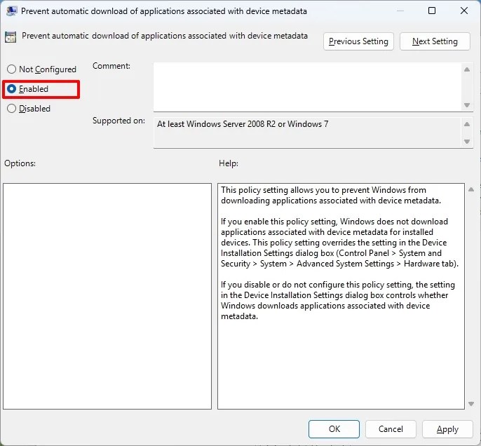 Prevent automatic download of applications associated with device metadata