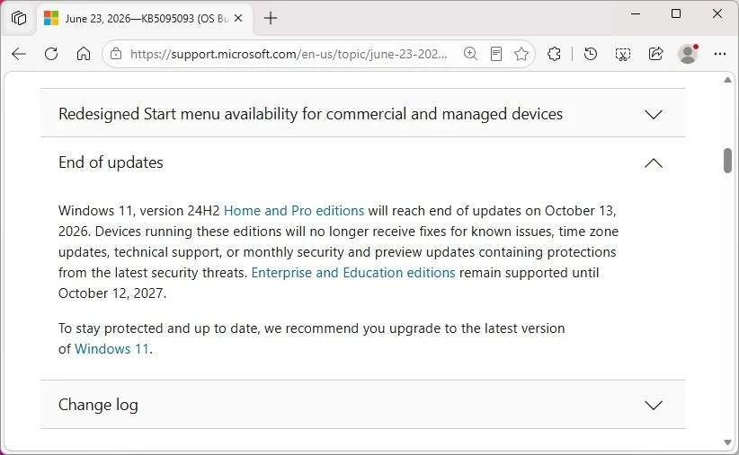 Windows 11 24H2 end of support warning