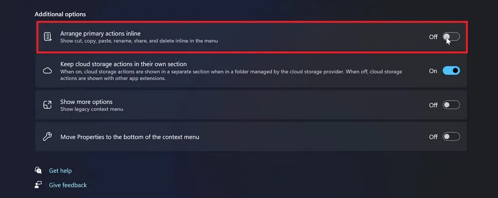 Arrange primary actions inline option