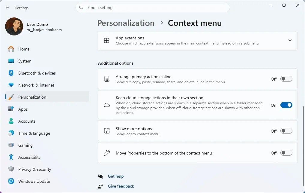 Context menu additional options