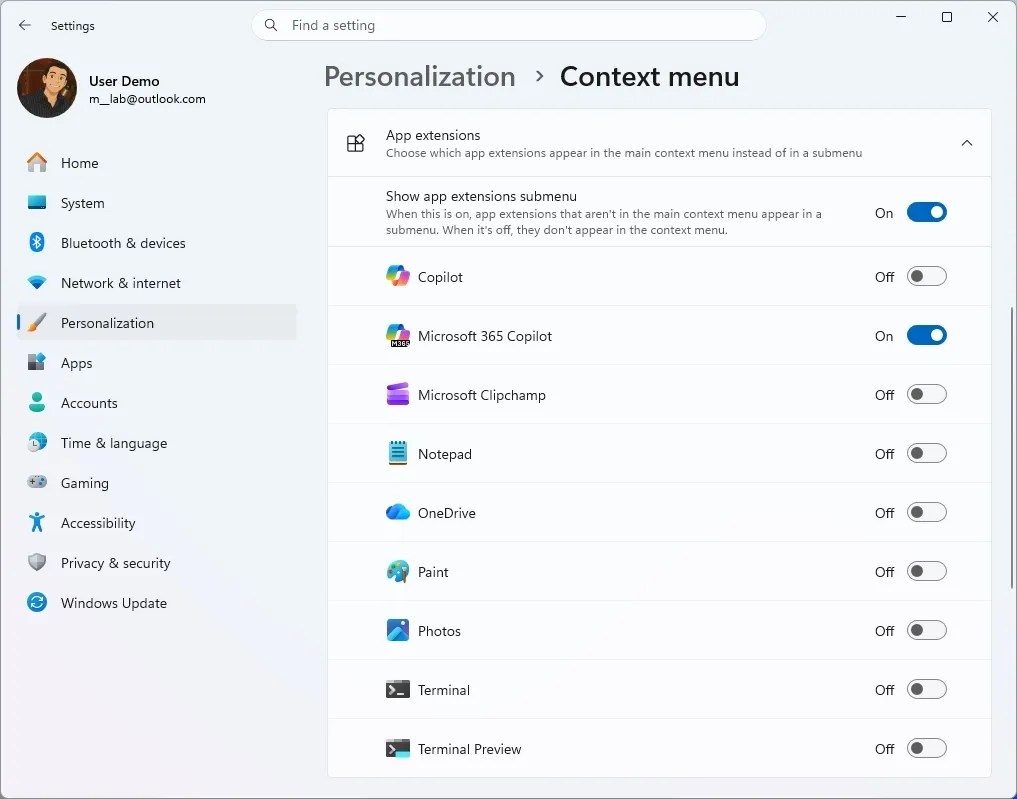 Context menu App extensions