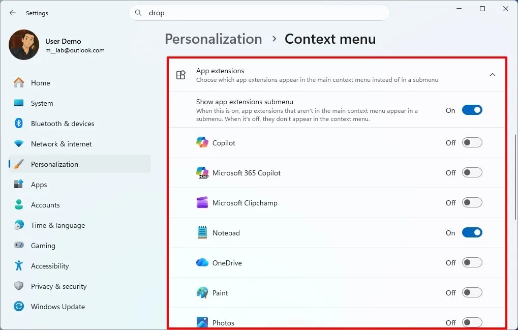 Context menu App extensions settings