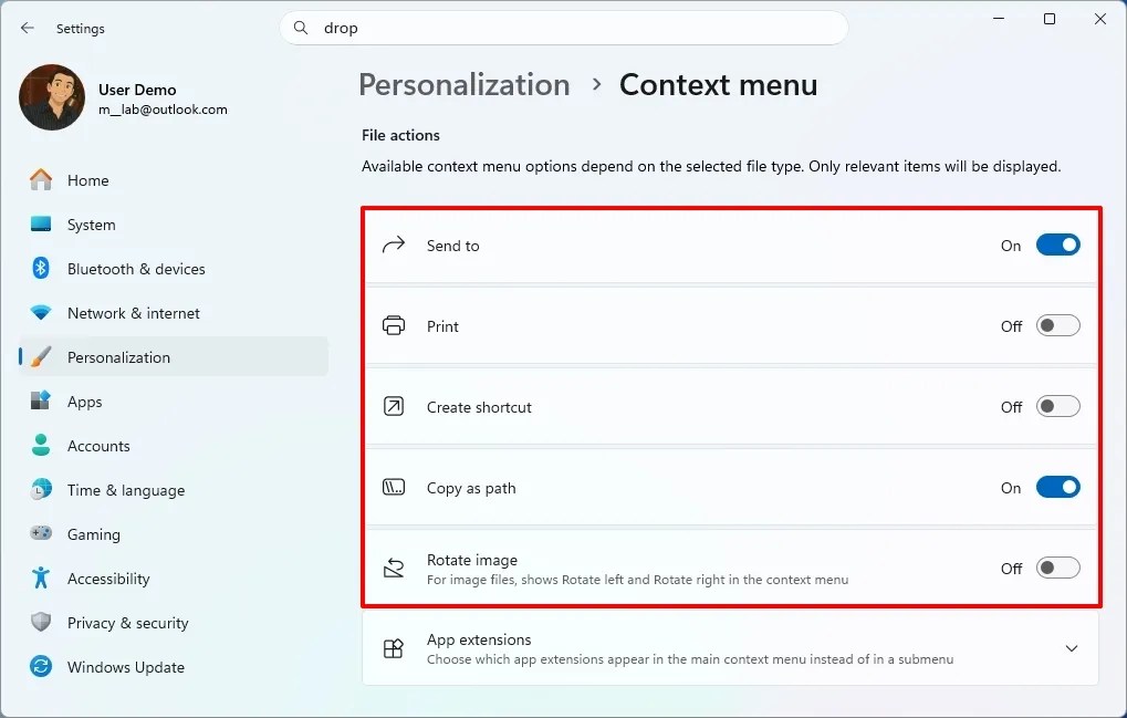 Context menu settings