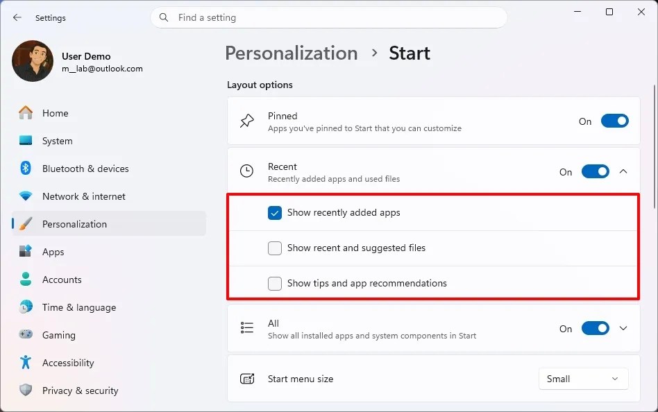 Customize Recent Start menu section