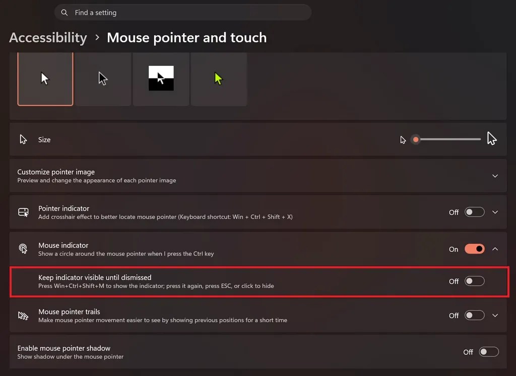 Keep indicator visible until dismissed option