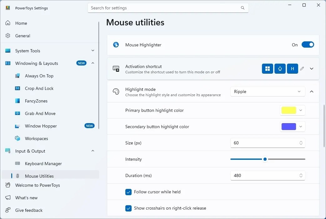 Mouse highlighter settings