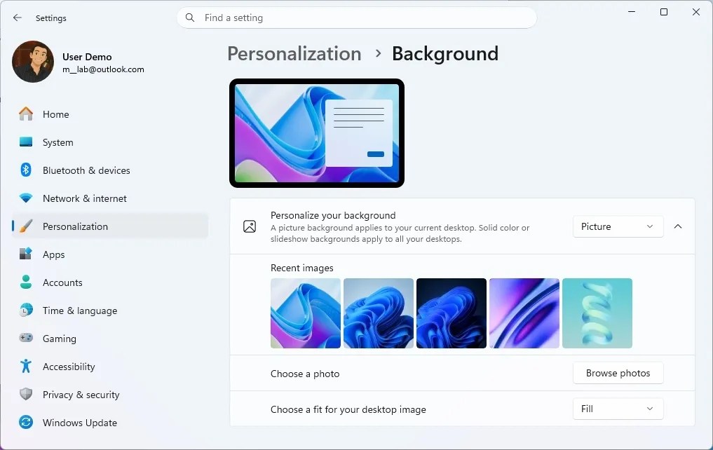 Background settings page