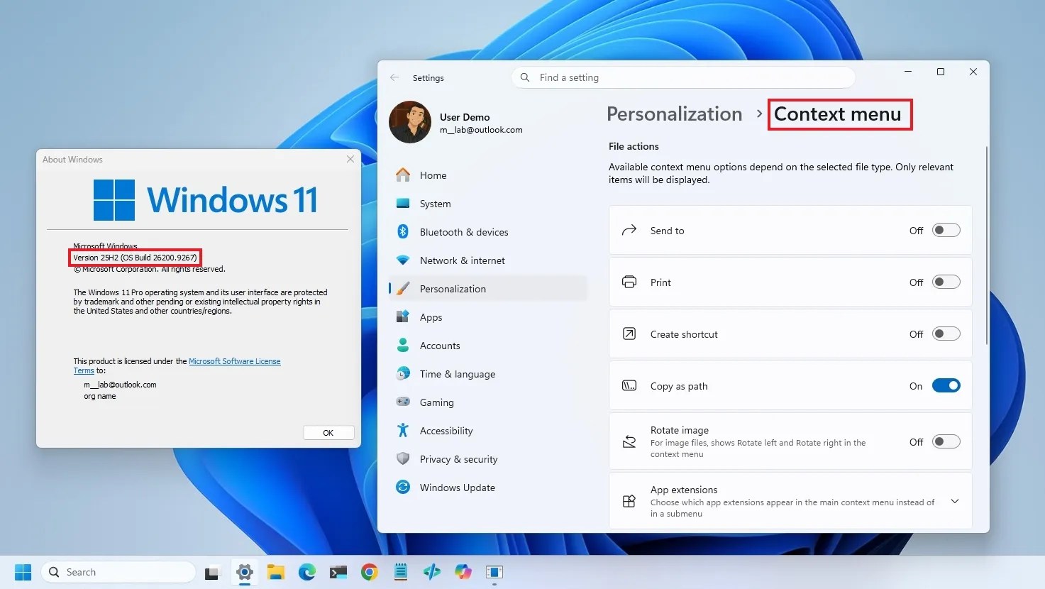 New context menu in version 25H2