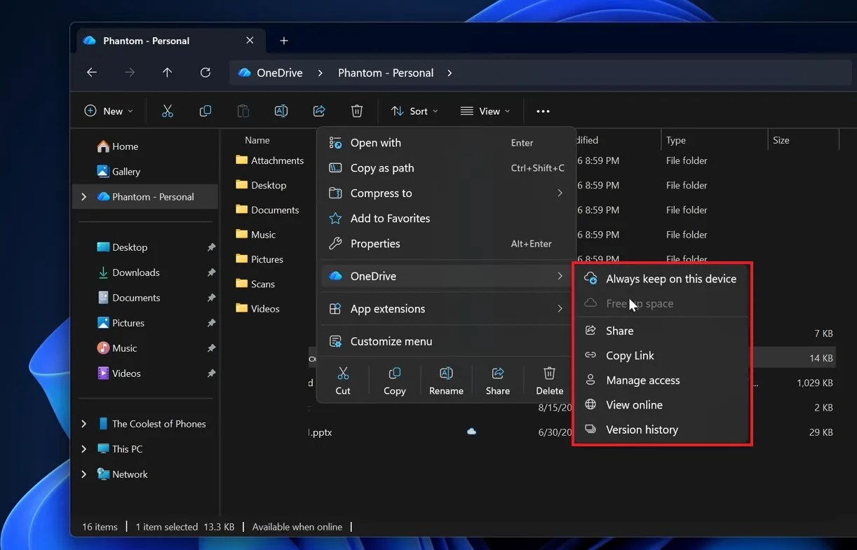 OneDrive new context menu