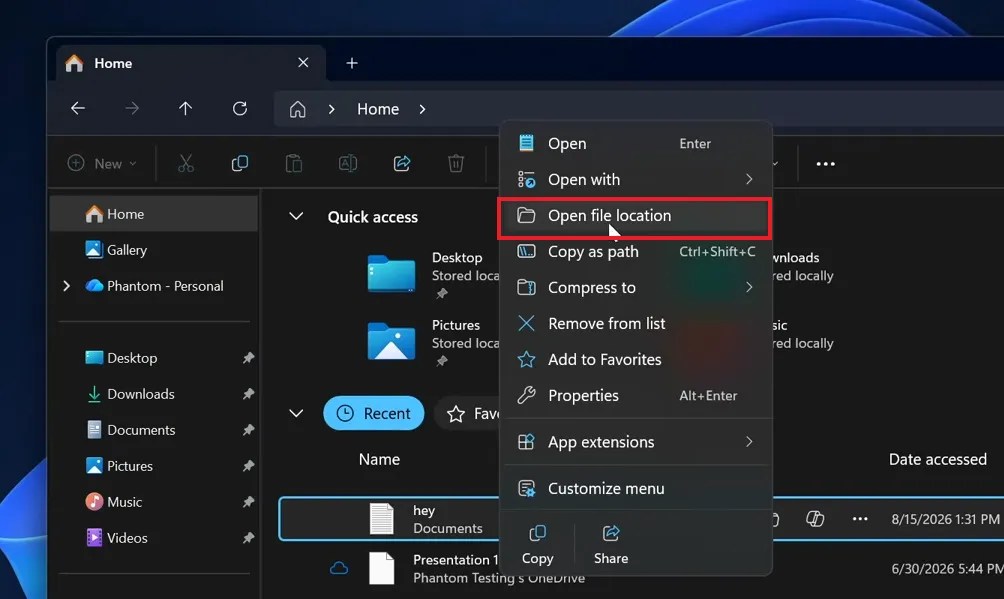 Context menu Open file location option