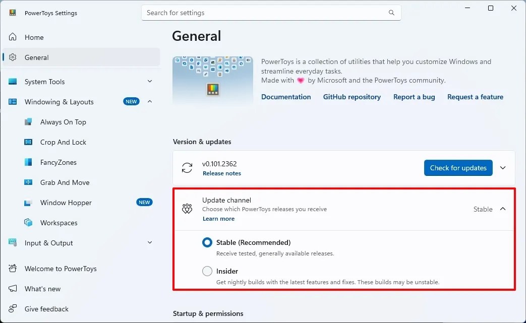 PowerToys Update channel settings