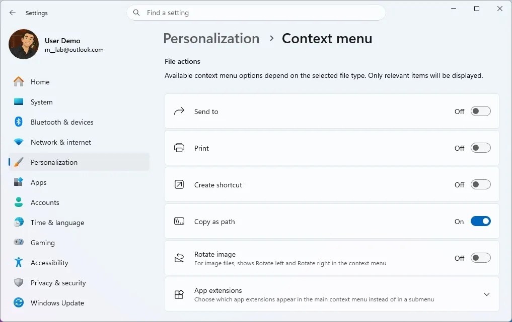 Context menu File actions settings