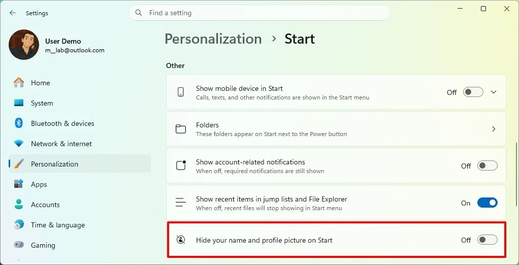 Hide your name and profile picture on Start
