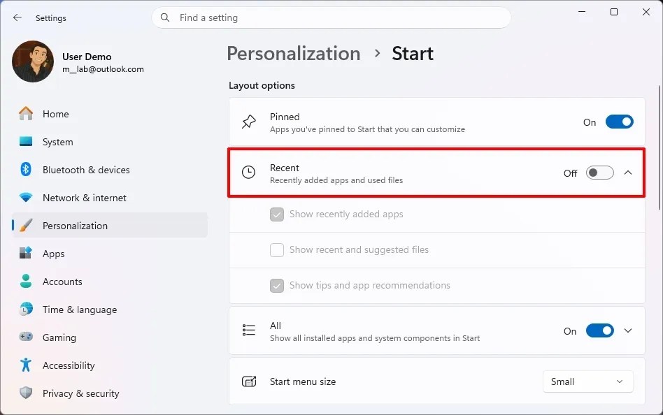 Start menu disable Recent section