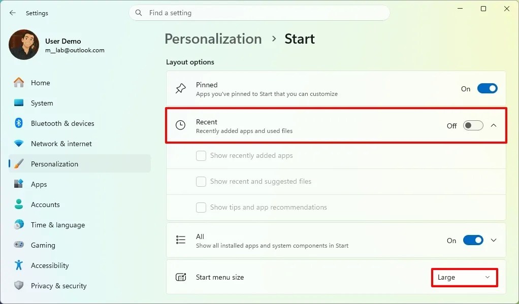 Start menu size setting