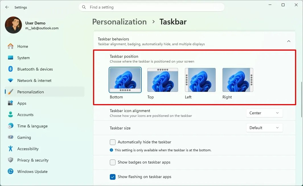 Taskbar position setting