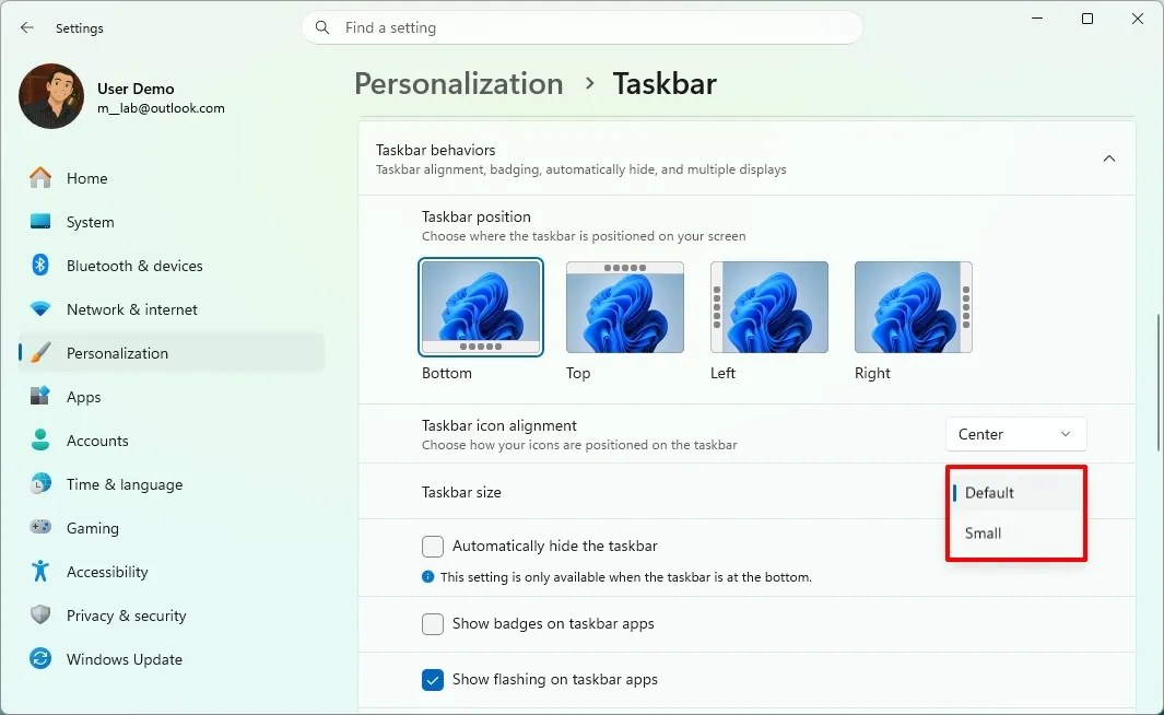 Taskbar size setting