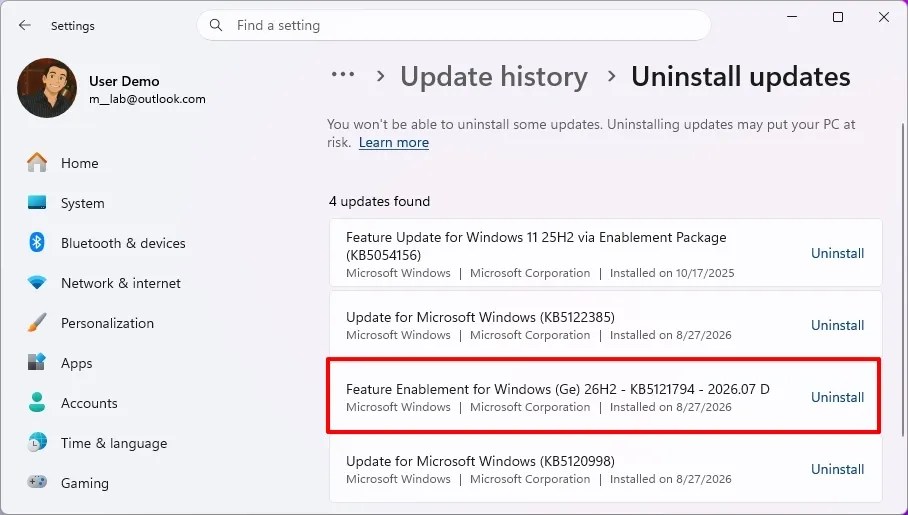 Windows Update uninstall Windows 11 26H2 feature enablement