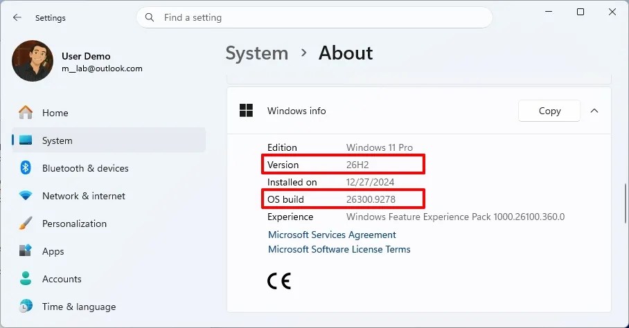 Settings About check version 26H2 installed