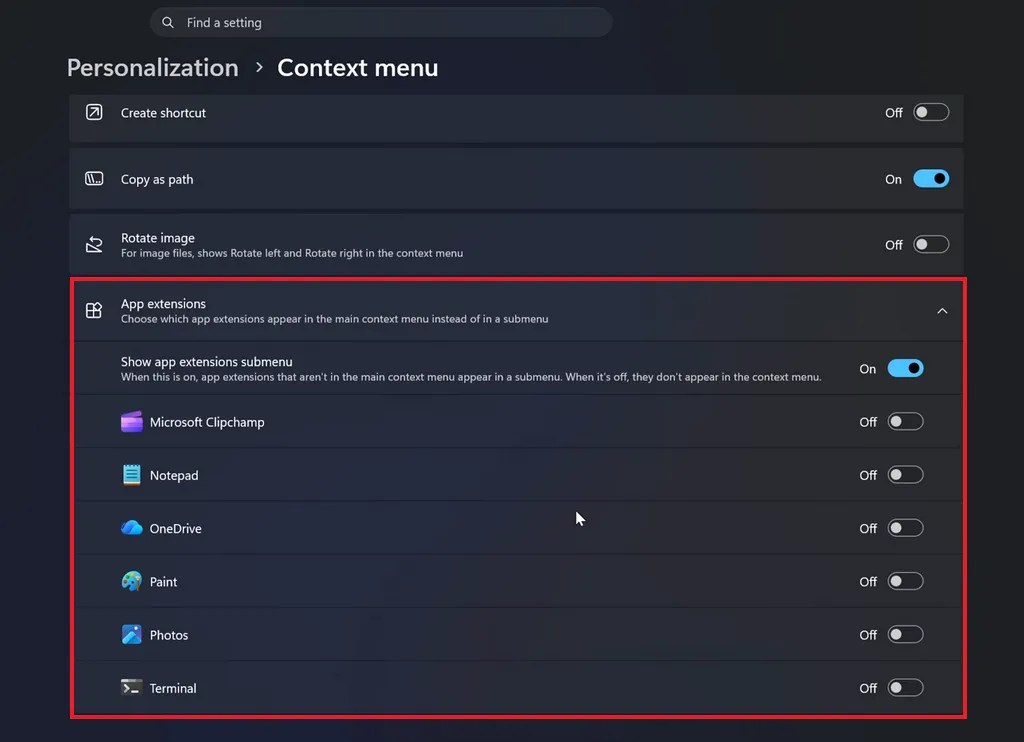 App extensions settings