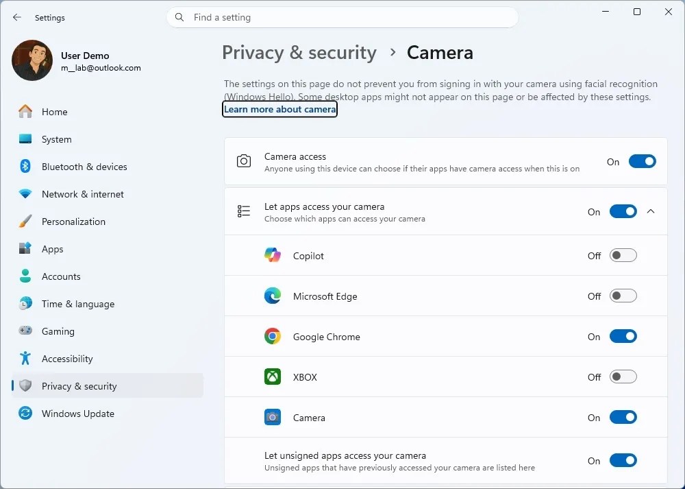 Camera privacy settings