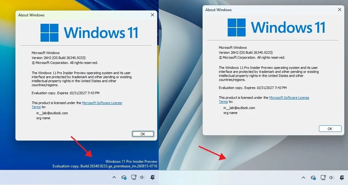 Windows 11 with (left), without (right) watermark