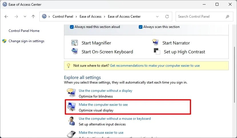 Make the computer easier to see option