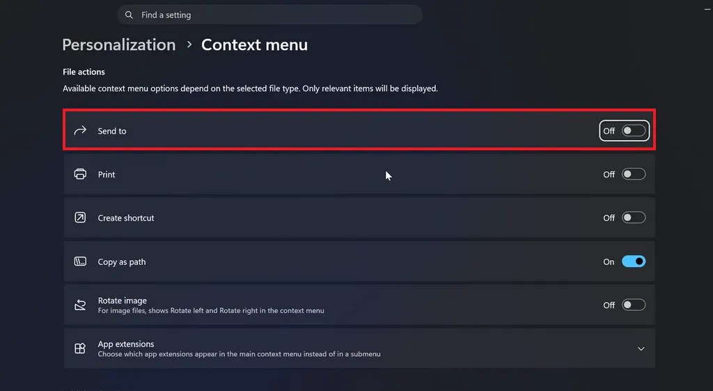 Context menu settings