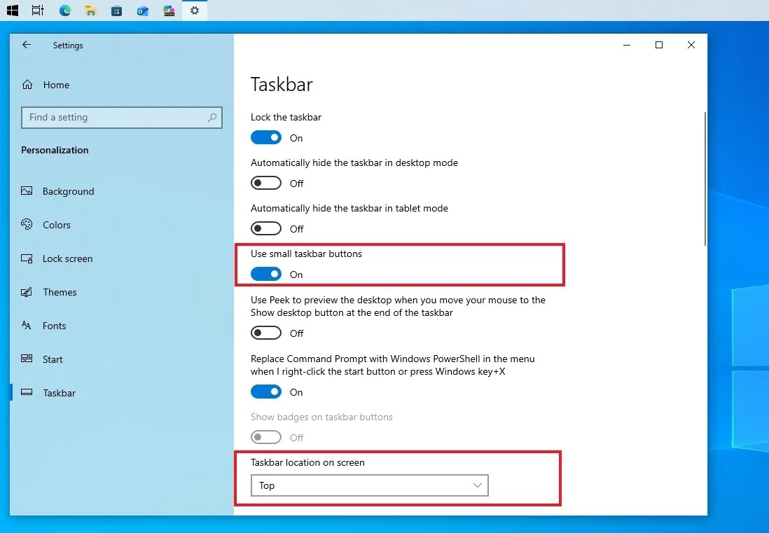 Windows 10 Taskbar location and size settings