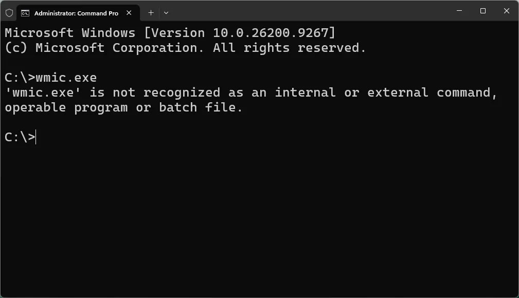 vmic not recognized command