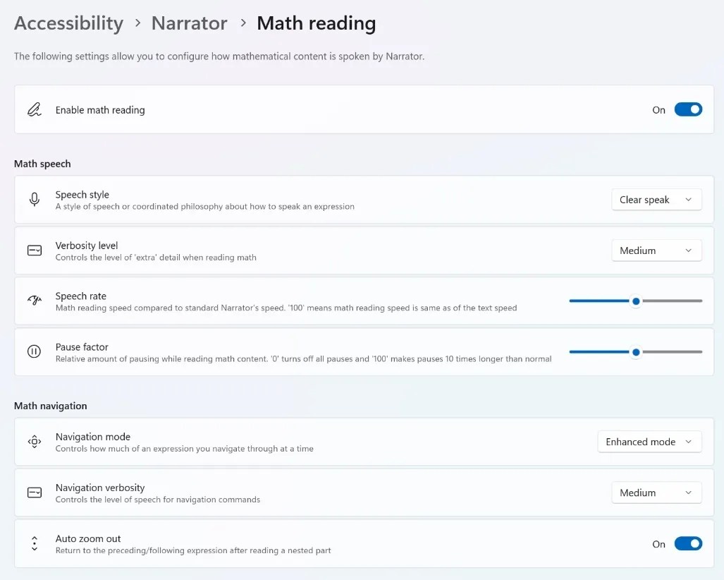 Narrator Math Reading settings