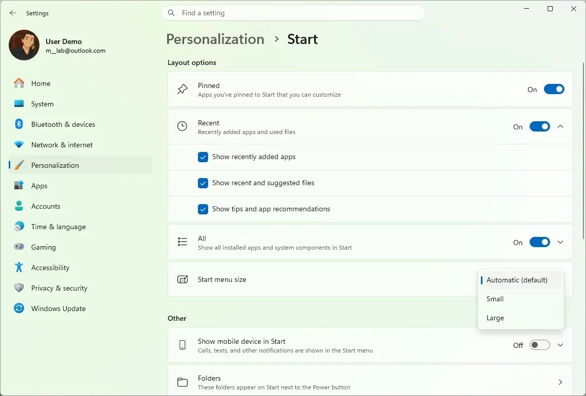 Start menu settings in version 26H2
