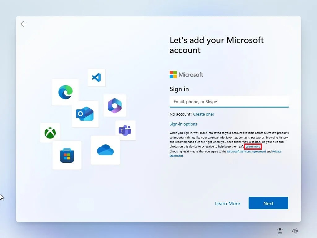 OOBE Learn More local account option