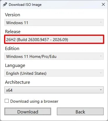 Rufus download 26H2 ISO