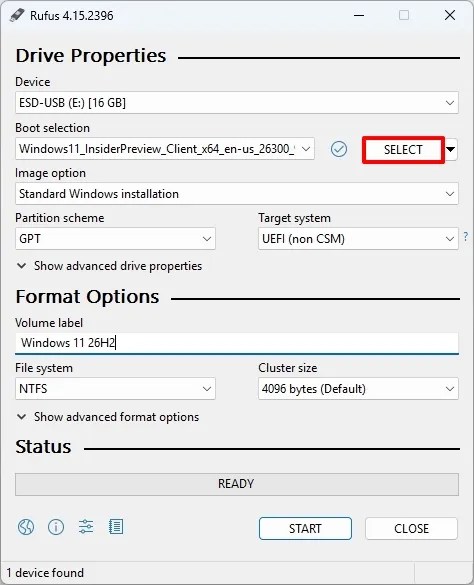 Rufus open Windows 11 26H2 ISO file
