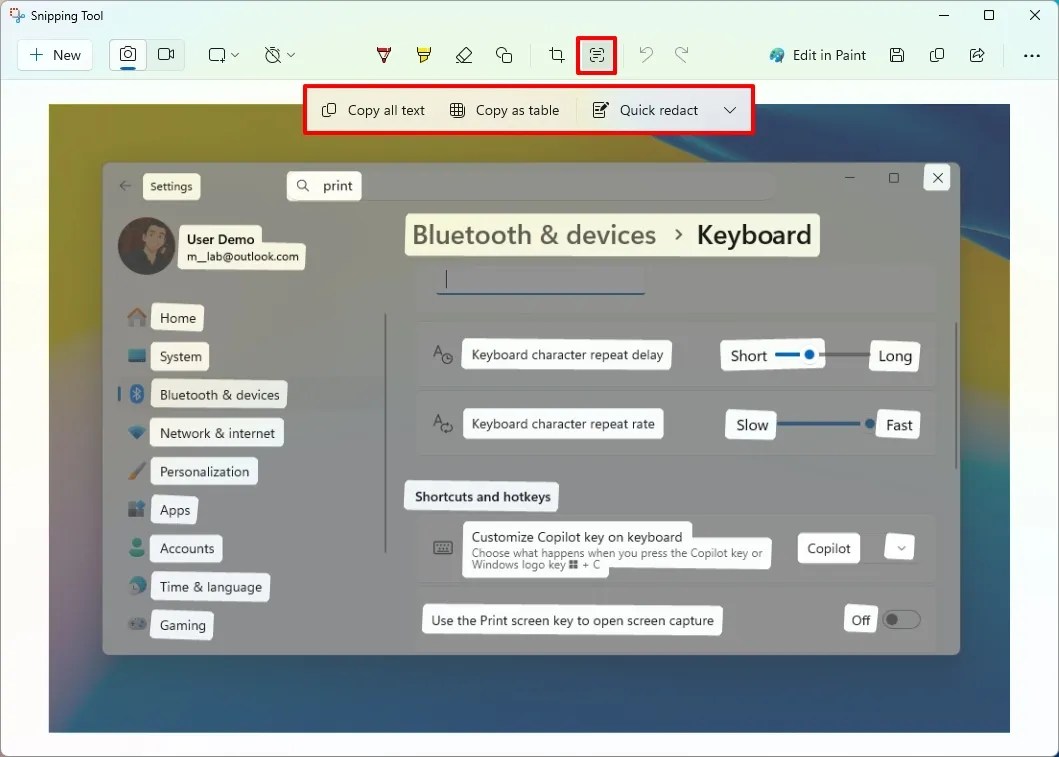 Snipping Tool extract text with AI
