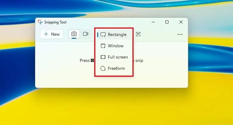 Snipping tool screenshot options