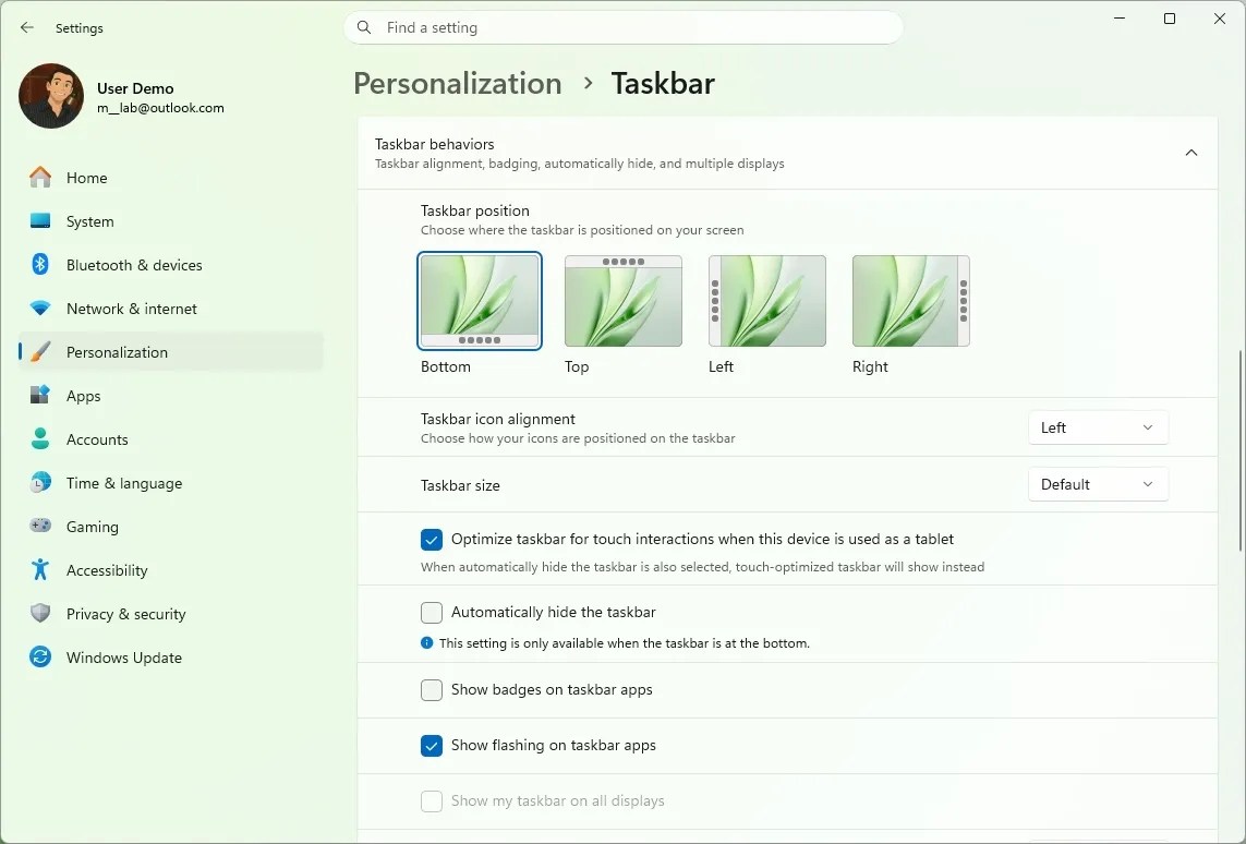 Taskbar position settings