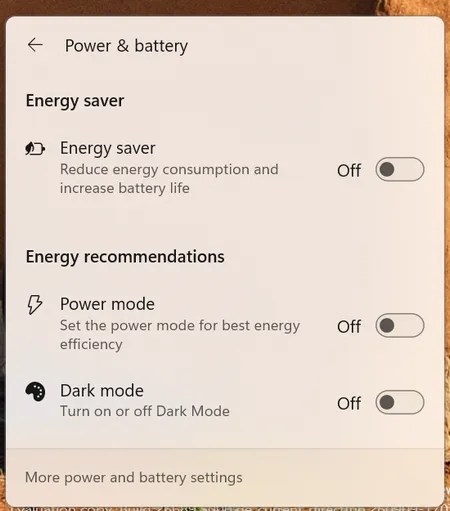 Taskbar Quick Settings Energy Recommendations