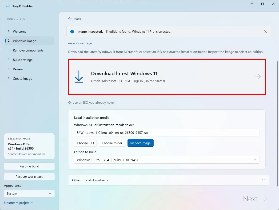 Tiny11 download ISO option